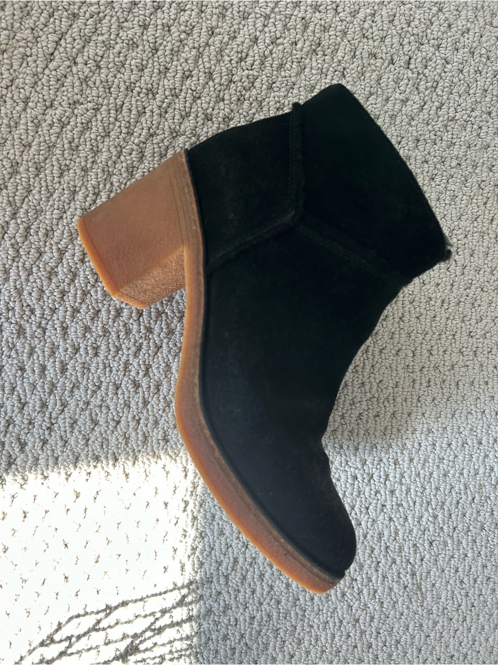 UGG Black Suede Ankle Boot with Tan Block Heel